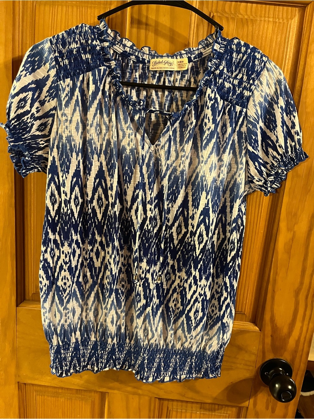 Faded Glory Blue and White Smocked Ikat Blouse